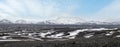 Iceland Landmannalaugar highlands autumn ultrawide view. Lava fields of volcanic sand in foreground. Volkanic snow covered