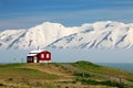 Iceland landscape. Fjord Eyjafjordur, house, mountains Royalty Free Stock Photo