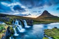 Iceland Landscape Summer Panorama, Kirkjufell Mountain at Dusk with Waterfall in Beautiful Light Royalty Free Stock Photo