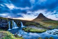 Iceland Landscape Summer Panorama, Kirkjufell Mountain at Dusk with Waterfall in Beautiful Light Royalty Free Stock Photo