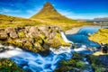 Iceland Landscape Summer Panorama, Kirkjufell Mountain during a Sunny Day with Waterfall in Beautiful Light Royalty Free Stock Photo