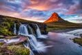 Iceland Landscape Summer Panorama, Kirkjufell Mountain at Sunset with Waterfall in Beautiful Light Royalty Free Stock Photo