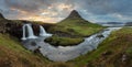 Iceland landscape with volcano and waterfall Royalty Free Stock Photo