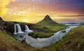Iceland landscape with volcano and waterfall Royalty Free Stock Photo
