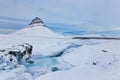 Iceland Landscape Winter Panorama, Kirkjufell Mountain Covered by Snow with Waterfall