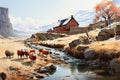 Iceland landshaft with house and sheeps, watercolor illustration