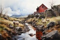 Iceland landshaft with house and sheeps, watercolor illustration