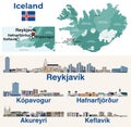 Iceland map and main cities skylines illustrations. Vector Royalty Free Stock Photo