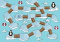 Iceland maze game for kids Num.05 Penguin rescue girlfriend labyrinth with shark.Vector puzzle illustration colorbook background