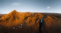 Iceland panorama. Aerial view on the Skogafoss waterfall. Landscape in the Iceland from air. Famous place in Iceland Royalty Free Stock Photo