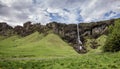 Iceland, small house, waterfall, landscape, mountains