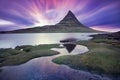 Iceland snaefellsnes peninsula and famous Kirkjufell. Kirkjufell is a beautifully shaped and a symmetric, free standing mountain