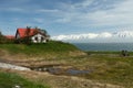 Iceland summer landscape. Fjord, house, mountains Royalty Free Stock Photo