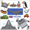 Iceland travel tourism landmarks and Reykjavik tourist culture famous attractions vector icons Royalty Free Stock Photo