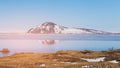 Iceland volcano with water lake with blue sky background