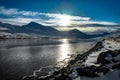 Iceland winter landscape view frozen water and reflection with b Royalty Free Stock Photo