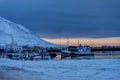 Iceland winter landscape view water harbour twilight sunli Royalty Free Stock Photo