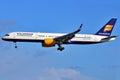 Icelandair Boeing 757 side shot landing in clear blue sky