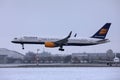 Icelandair plane taking off from Munich Airport, MUC, snow