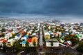 Icelandic capital panorama, streets and colorful resedential buildings with fjord and mountains in the background, Reykjavik, Ice