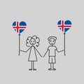 icelandic children, love Iceland sketch, girl and boy with a heart shaped balloons, black line vector illustration Royalty Free Stock Photo