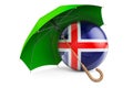 Icelandic flag under umbrella. Protection and security of Iceland concept, 3D rendering