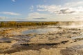 Iceland, September 27, 2019, a group of people watching a geyser, Icelandic Geyser Strokkur. Great tourist attraction on Golden Ci