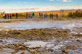 Icelandic Geyser Strokkur. Great tourist attraction on Golgen Circle Iceland. Vsible geyser valley