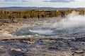 Icelandic Geyser Strokkur. Great tourist attraction on Golgen Circle Iceland. Vsible geyser valley