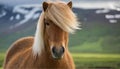 Icelandic horse with a funny mane against a meadow, blurred background, close up