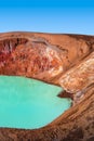 Icelandic landscape of colorful volcanic caldera Askja, Viti crater lake in the middle of volcanic desert in Highlands, with red,