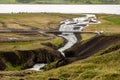 Icelandic landscape with a Fljotsdalsvegur road, bridge and a Lagarfljot lake near the Litlanesfoss