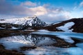 Icelandic landscape with frozen lake and stapafell mountain covered in snow snaefellsnes peninsula in Iceland