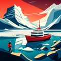 Icelandic landscape with icebergs and tourist boat. Vector cartoon illustration Generative AI