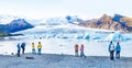 Icelandic landscape. Panorama of tourist visiting the Fjallsarlon glacier and the lagoon