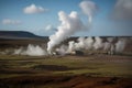 Icelandic landscape with smoking chimneys and geothermal power station, The geothermal energy making industry producing, AI
