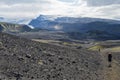 Icelandic lava desert landscape with Tindfjallajokull glacier and two hikers on Laugavegur hiking trail. Fjallabak Royalty Free Stock Photo