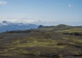 Icelandic lava desert landscape with view on Tindfjallajokull glacier and Einhyrningur unicorn mountain. Fjallabak Royalty Free Stock Photo