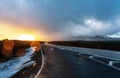 Icelandic road in rainy weather raindrops on the camera