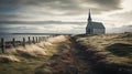 Icelandic style church sits in fenced field, in windswept landscape