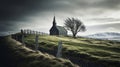 Icelandic style church sits in fenced field, in windswept landscape