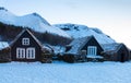 Icelandic turf houses at dawn in winter, Skogar, Iceland Royalty Free Stock Photo