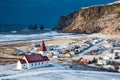 Icelandic village of Vik, with the Myrdal church at the top of the hill offering picturesque images of the community covered in