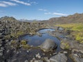 Icelandic volcanic landscape with small blue pond, wild pink flowers,green hills and mountains. Fjallabak Nature Reserve