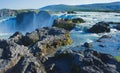 Icelandic waterfall in iceland, Goddafoss, beautiful vibrant summer panorama picture view Royalty Free Stock Photo