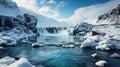 Icelandic waterfall in winter season. Panoramic image Royalty Free Stock Photo