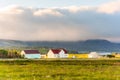 Icelandic wooden house glowing with sunlight on meadow and bird flying around in sunset on summer at Arnarstapi fishing village,