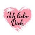 Ich liebe Dich calligraphy hand lettering on grunge heart. I Love You inscription in German. Valentines day greeting Royalty Free Stock Photo