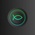 Ichthus, also known as the Jesus Fish, on a power button in vivid electric green and blue colors. 3D effect in vector and EPS10