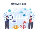 Ichthyologist concept. Oceanic fauna scientist. Practical studying